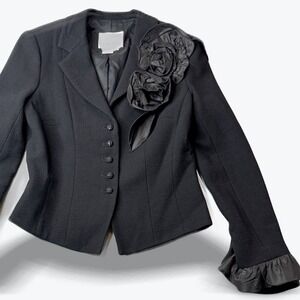 VTG Rickie Freeman Teri‎ Jon Evening Jacket Black Wool Statement Ruffle Cuffs 4